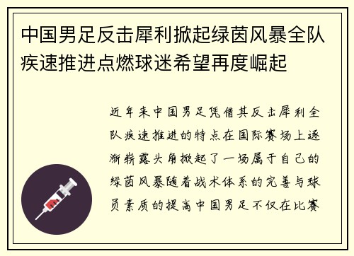 中国男足反击犀利掀起绿茵风暴全队疾速推进点燃球迷希望再度崛起